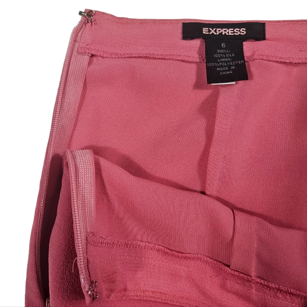Express Pink 100% Silk Pencil Skirt Sz 6 Tier Ruffle Hem Lined Barbie Workwear